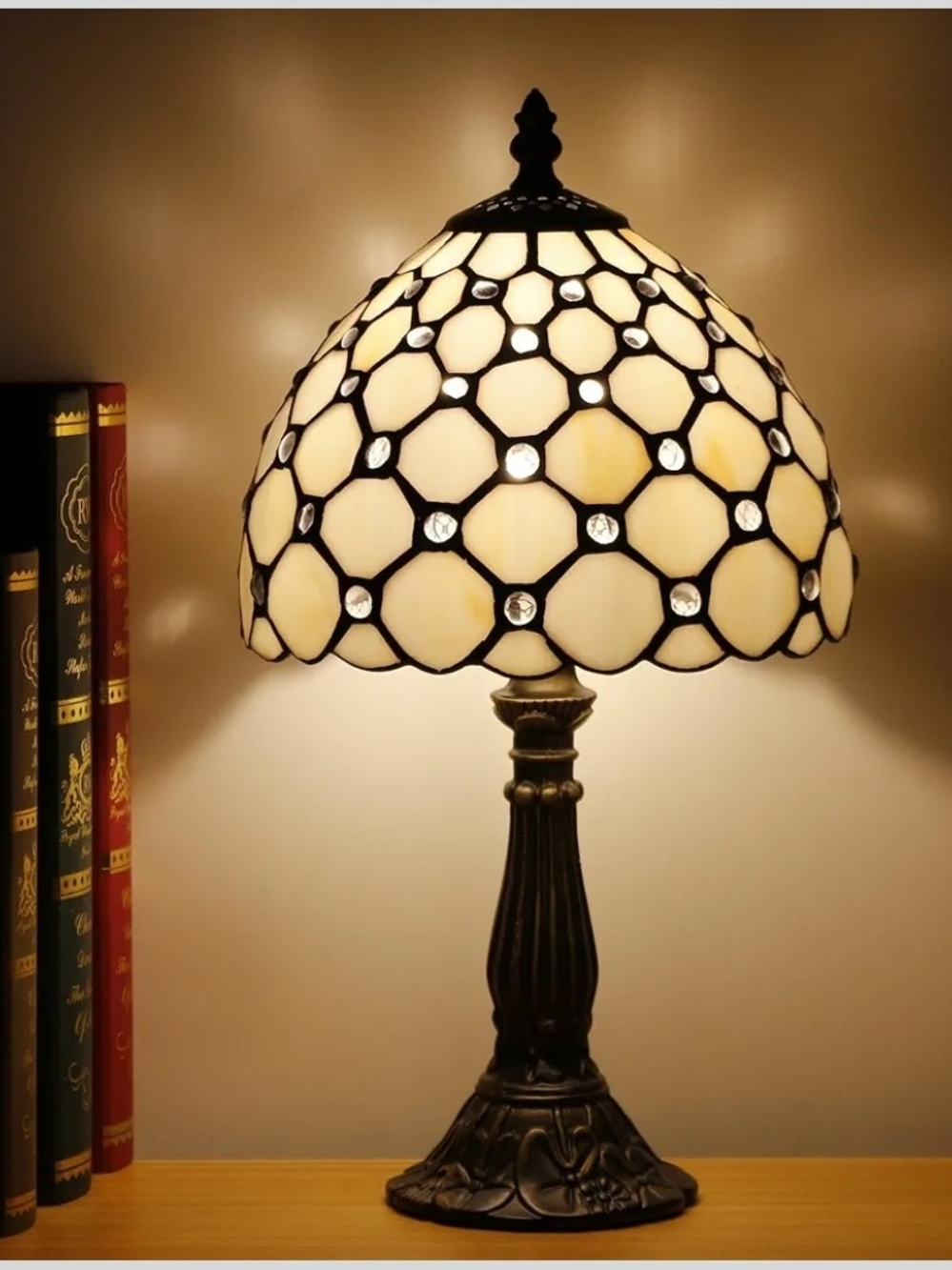 Vintage Tiffany Style Stained Glass Desk Lamp Pearl Bead Nightstand Light - Picture 2 of 9